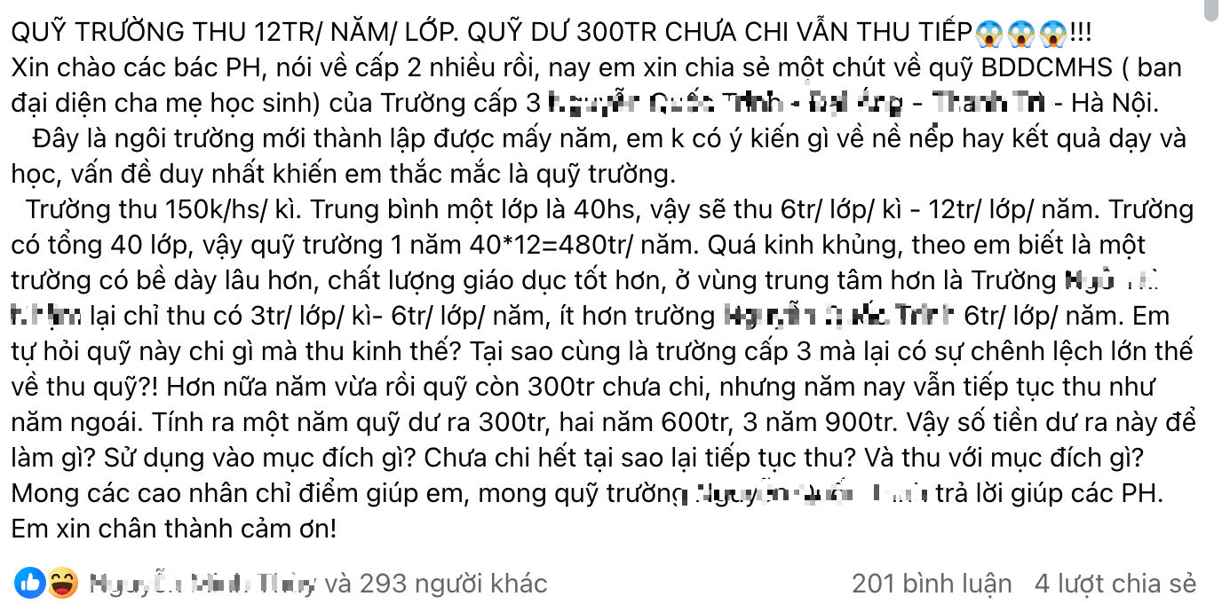 Một phụ huynh chia sẻ về quỹ trường. Ảnh chụp màn hình