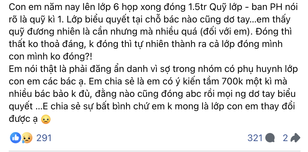 Chia sẻ của một phụ huynh về quỹ lớp. Ảnh: CMH