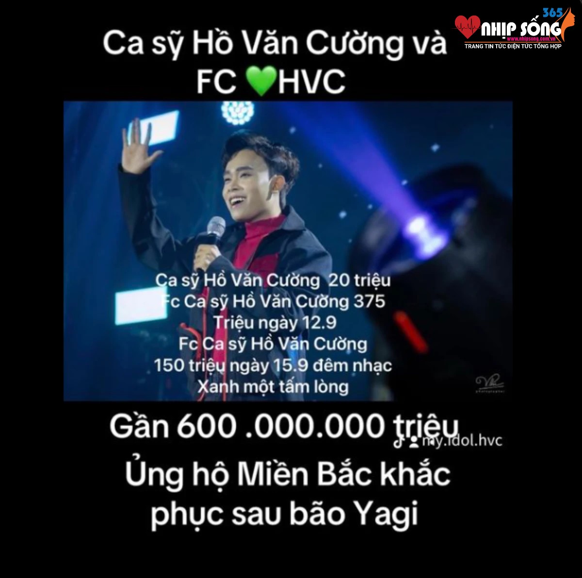 FC Hồ Văn Cường và nam ca sĩ đã ủng hộ tổng cộng gần 600 triệu đồng cho đồng bào miền Bắc.