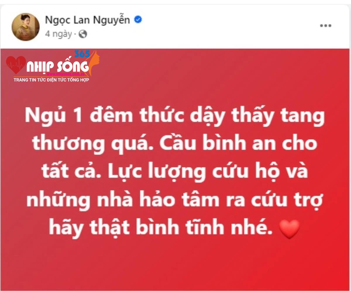 Ngọc Lan bày tỏ cảm xúc xót xa khi nghe tin nhiều nơi bị ảnh hưởng bởi bão số 3. 