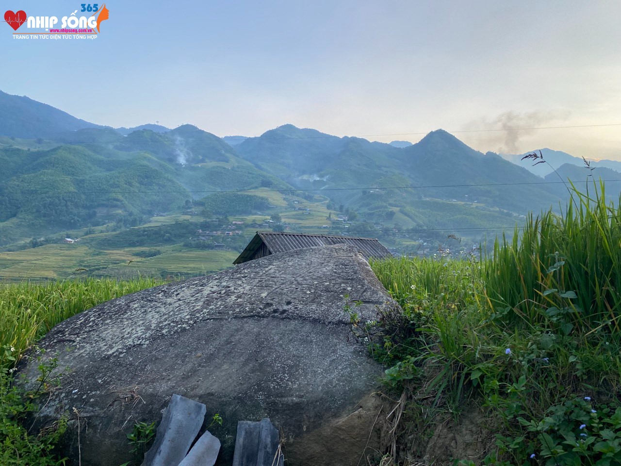 Tảng đá to có hàng rào bao quanh bảo vệ nằm ngay cạnh mặt đường.