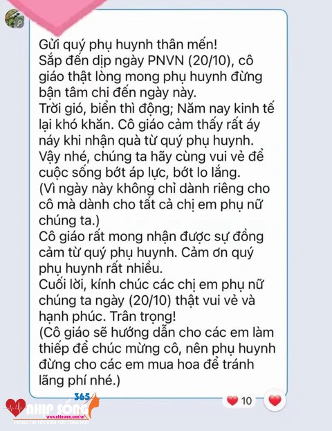 Nội dung tin nhắn mà một cô giáo được cho ở TP Quy Nhơn gửi phụ huynh học sinh về chuyện tặng quà cô giáo nhân Ngày Phụ nữ Việt Nam 20-10 khiến cộng đồng mạng xôn xao, khen ngợi - Ảnh: MXH