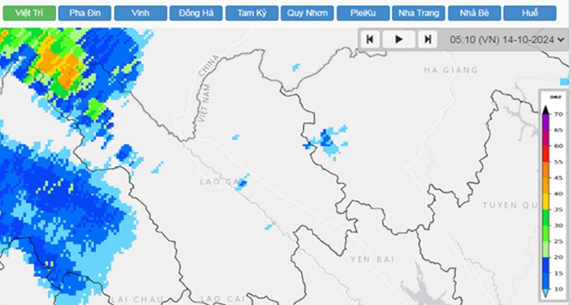 Ảnh ra-đa Việt Trì lúc 5 giờ 10 phút ngày 14/10/2024.