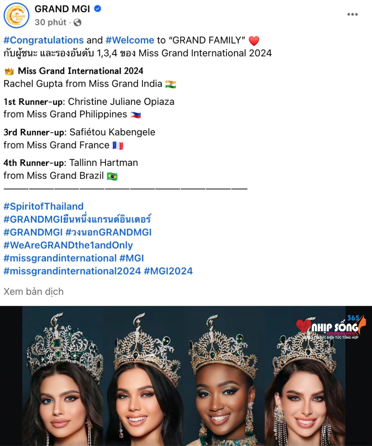 Bài đăng của Miss Grand International chỉ chúc mừng Hoa hậu và ba Á hậu, loại bỏ Á hậu 2 người Myanmar. 