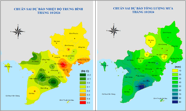 Bản đồ dự báo chuẩn sai nhiệt độ và lượng mưa trung bình tháng 10 tại các tỉnh, thành Nam Bộ - Nguồn: Đài Khí tượng thuỷ văn khu vực Nam Bộ