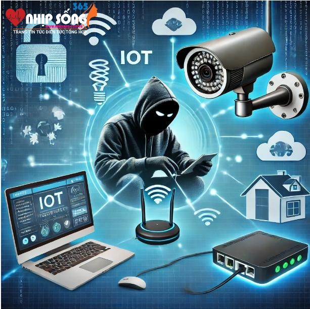 Hacker lợi dụng lỗ hổng để kiểm soát camera an ninh từ xa thông qua máy tính, với các thiết bị IoT như hệ thống an ninh gia đình. Ảnh minh họa