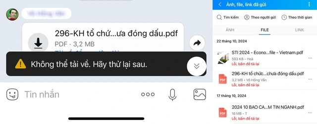 Ứng dụng Zalo báo lỗi tải file vào sáng 24.10ẢNH: CHỤP MÀN HÌNH