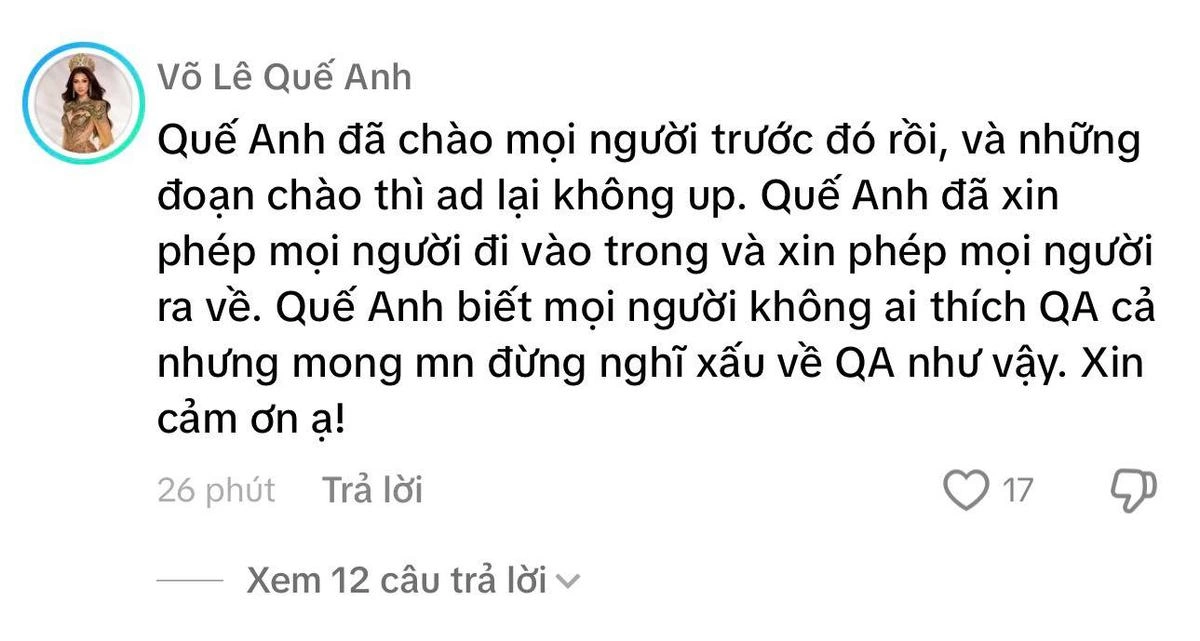 Hoa hậu Quế Anh lên tiếng thanh minh khi bị soi hành động thiếu lễ phép với các nghệ sĩ khác tại sự kiện tối 19/11. (Ảnh: Cap màn hình TikTok)