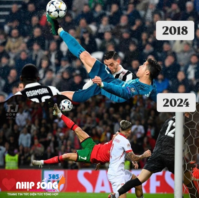 Hai siêu phẩm "xe đạp chổng ngược" của Cristiano Ronaldo.