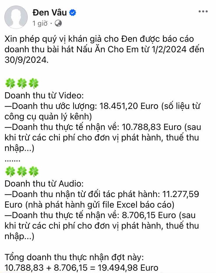 Đen Vâu công khai minh bạch chuyện tiền nong doanh thu từ MV Nấu ăn cho em. 