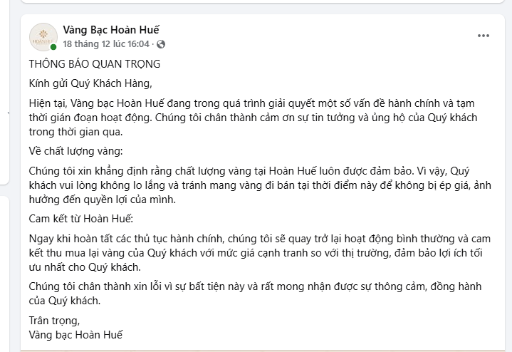 Cửa hàng vàng bạc hoàn huế thông báo tạm dừng giao dịch trên fanpage