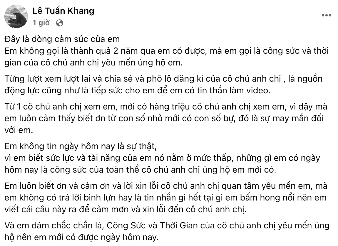 Tuấn Khang đăng tâm thư trên trang cá nhân