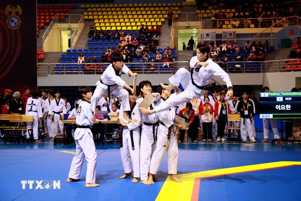 Các võ sĩ taekwondo đang thi đấu.