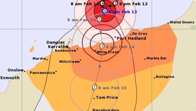 Dự báo đường đi của siêu bão Zelia. Ảnh: Australia Bureau of Meteorology