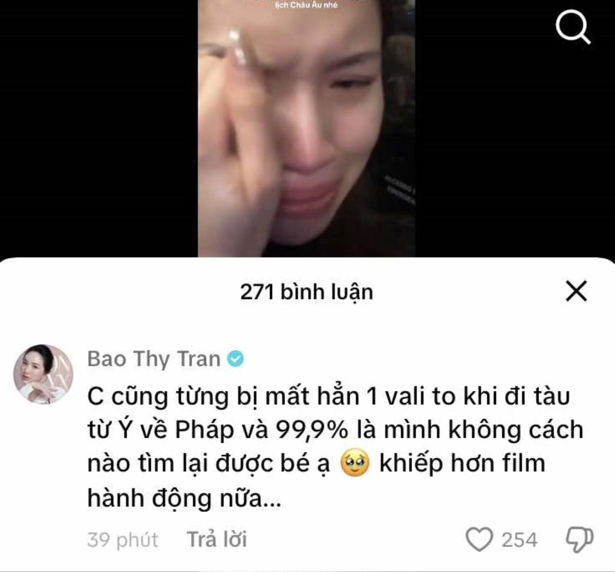 Bảo Thy cho biết cũng từng bị mất vali khi đi du lịch nước ngoài. (Ảnh chụp màn hình)