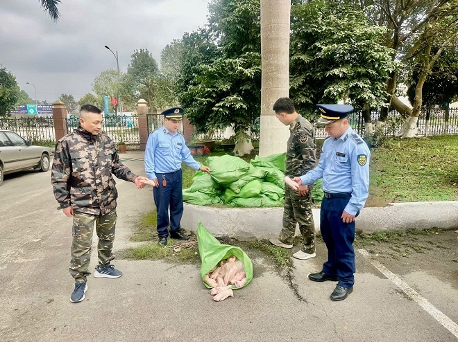 Lạng Sơn: Phát hiện và thu giữ 500kg móng giò đông lạnh nhập lậu 2 Lực lượng chức năng kiểm tra hàng hóa ( ẢNH BÁO DÂN TỘC)