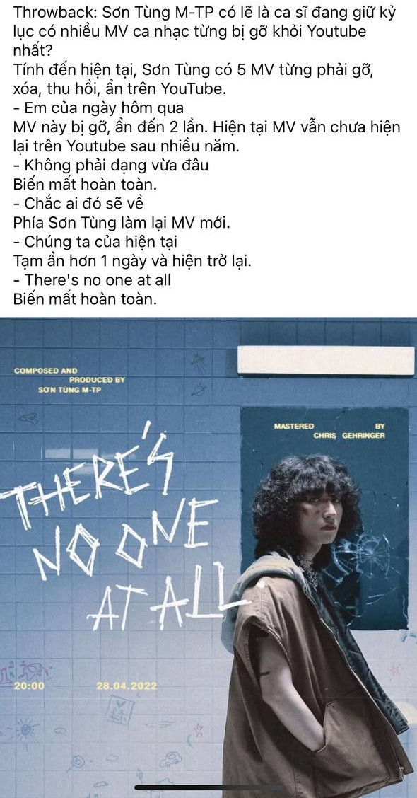 Sơn Tùng M-TP và kỷ lục không ai mong muốn chạm đến: 5 MV từng bị gỡ hoặc ẩn khỏi YouTube 2 Bài đăng về kỷ lục 5 MV bị gỡ/ẩn khỏi YouTube của Sơn Tùng