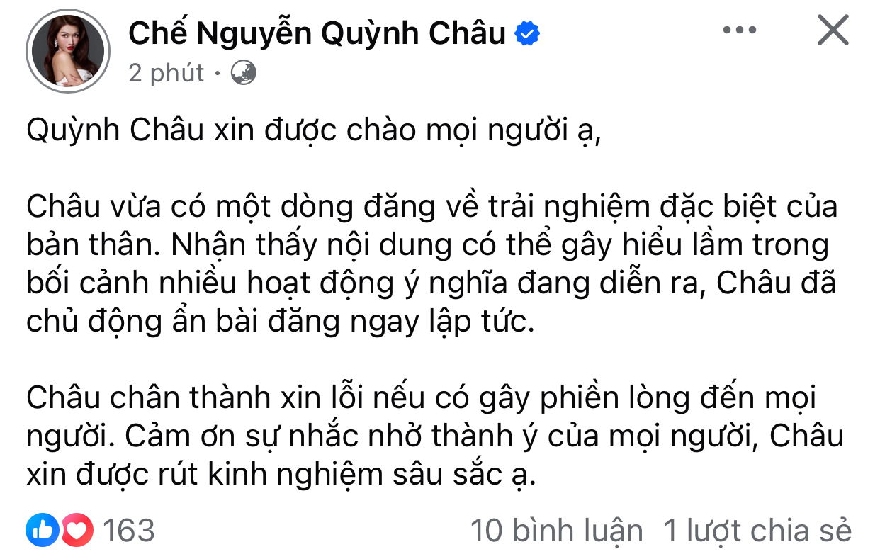 Á hậu Quỳnh Châu lên tiếng xin lỗi sau bài đăng gây tranh cãi dịp 30/4 6 Chế Nguyễn Quỳnh Châu xin lỗi ngay trong đêm sau bài đăng thiếu tinh tế