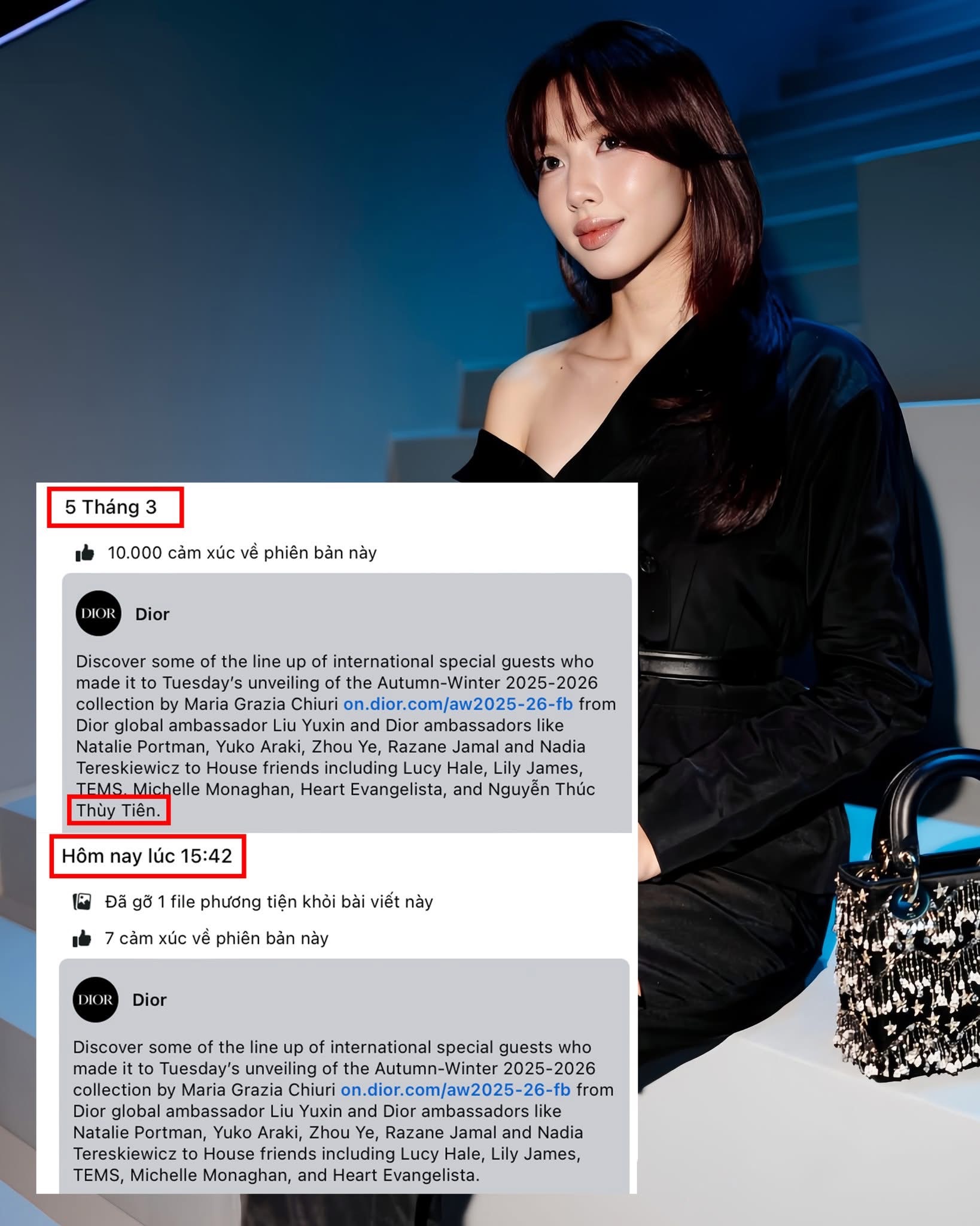 Dior khôi phục hình ảnh Thùy Tiên trên fanpage: Dấu hiệu nàng hậu Gen Z chuẩn bị tái xuất? 7 Đầu tháng 4, Dior từng xoá thẻ và ẩn đi bức ảnh của Thuỳ Tiên trong album các khách mời dự sự kiện