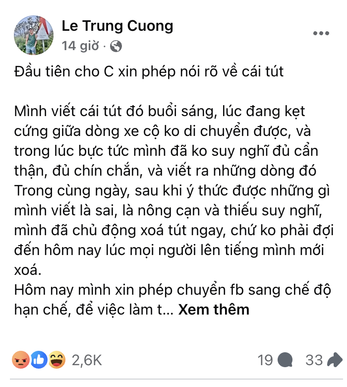 Nam ca sĩ gây tranh cãi sau phát ngôn về dịp lễ 30/4, công chúng chưa nguôi giận dù đã xin lỗi 5 Nhiều cư dân mạng vẫn để lại biểu cảm phẫn nộ bên dưới bài đăng xin lỗi của ca sĩ kiêm người mẫu Lê Trung Cương.