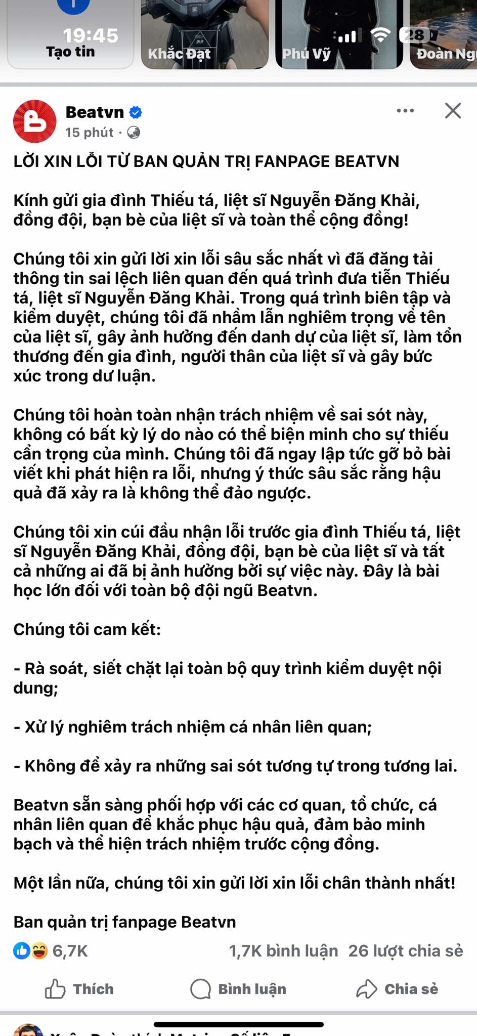Hai fanpage Beatvn và Schannel đăng đàn xin lỗi. Ảnh chụp màn hình