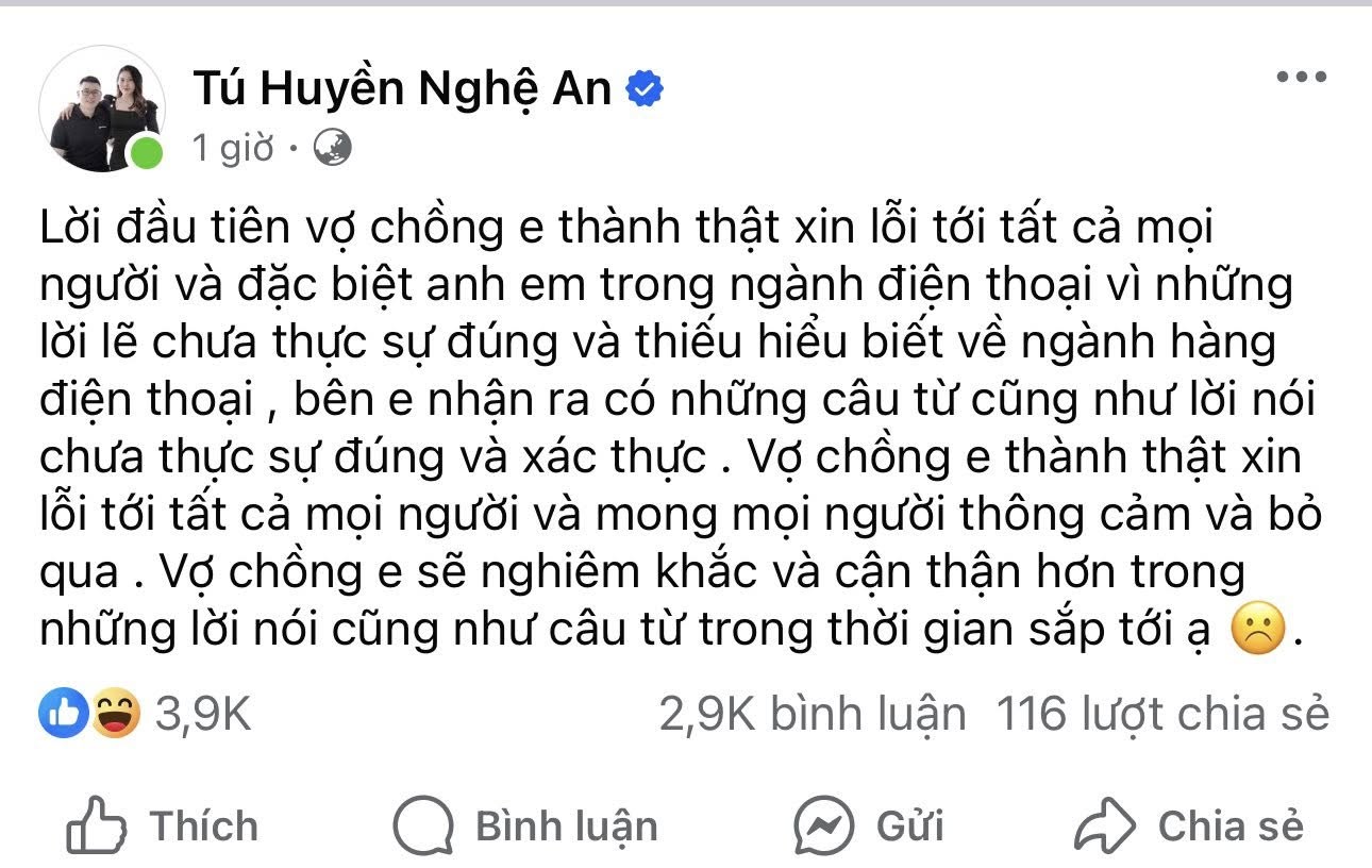 Vợ chồng Tú Huyền công khai xin lỗi