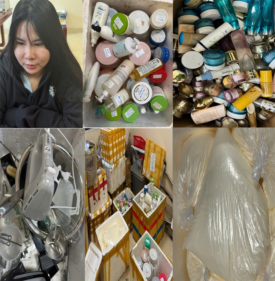 Thanh Hóa triệt phá ổ sản xuất mỹ phẩm giả quy mô lớn, nguyên liệu giá rẻ chỉ 50.000 đồng/kg 2 Đối tượng Nguyễn Thị Dung và số tang vật thu giữ