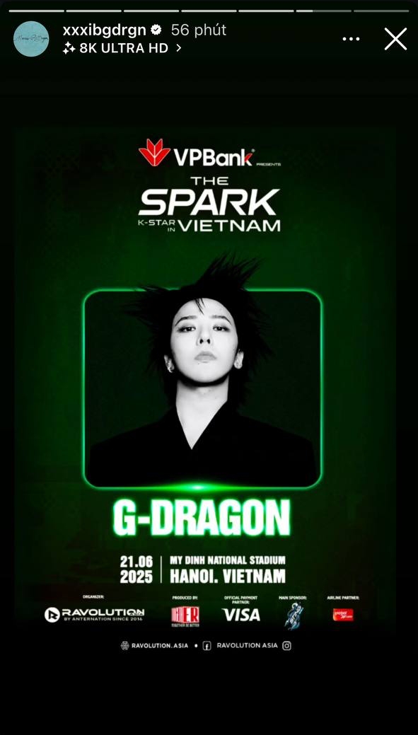 G-Dragon đăng story về VPBank K-Stars Spark trên Instagram gần 25 triệu người theo dõi, càng khiến fan phấn khích hơn