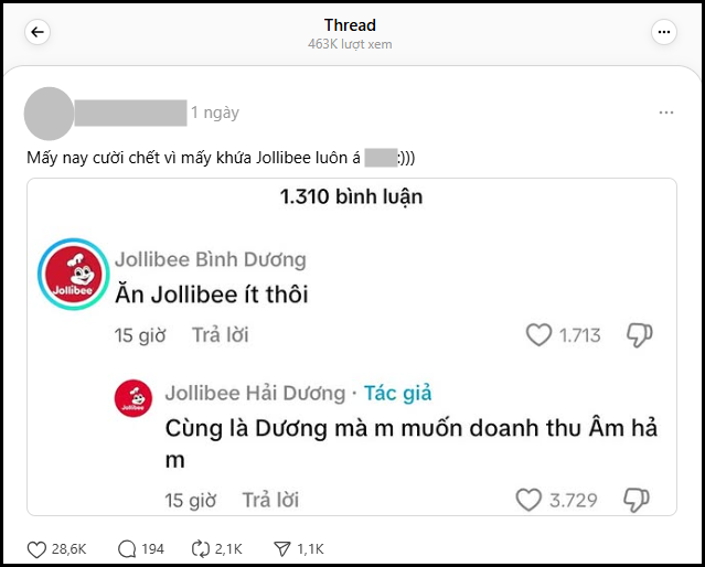 Jollibee Việt Nam lên tiếng về loạt tài khoản giả mạo trên TikTok và Facebook 3 Những bình luận cợt nhả đến từ các tài khoản có tên bắt đầu giống Jollibee đang viral trên MXH