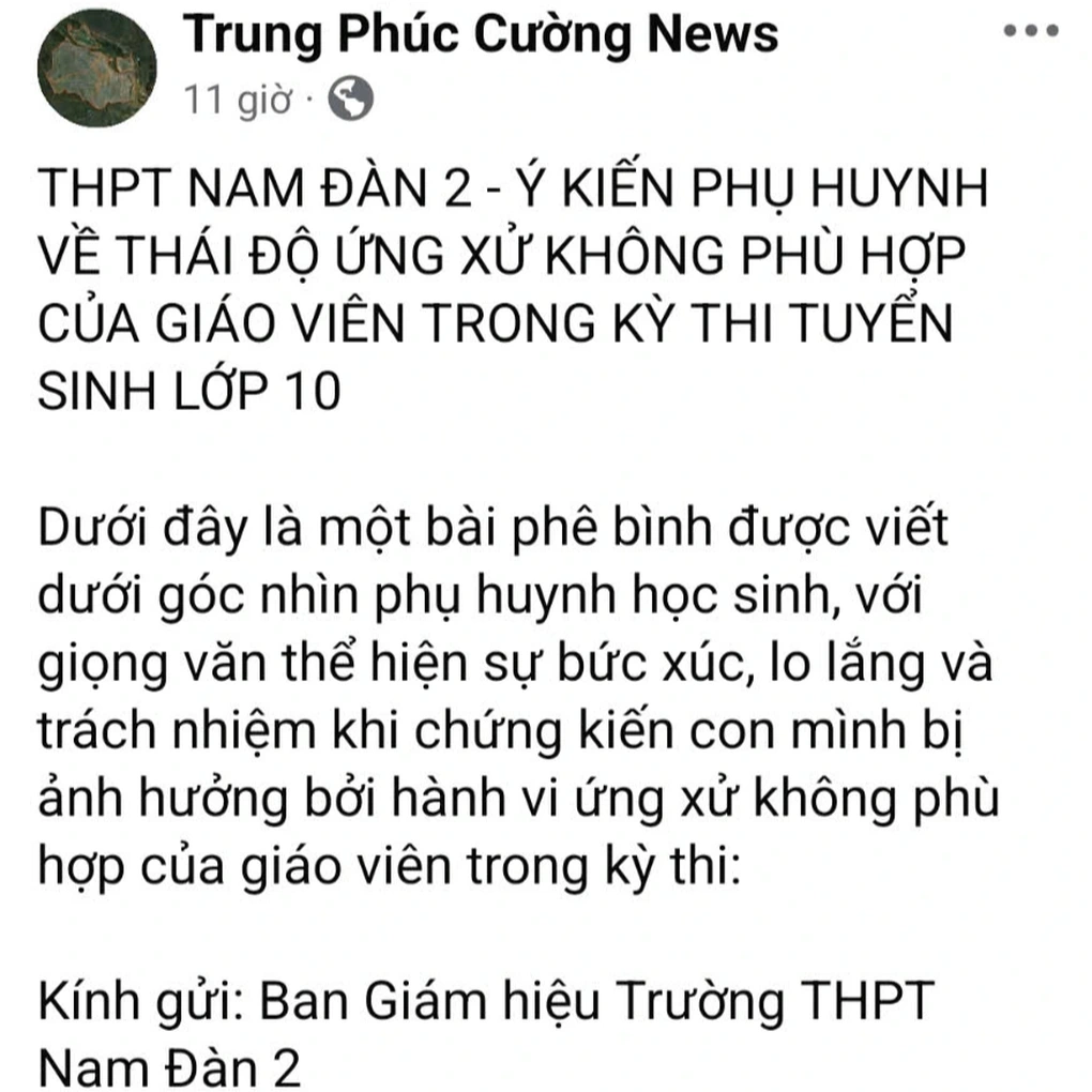Xôn xao Nghệ An: Giám thị phát ngôn 'học cho lắm cũng làm thuê', phụ huynh bức xúc tố cáo 1 Dòng trạng thái của phụ huynh sau đó được đăng lên mạng xã hội (Ảnh chụp lại màn hình).