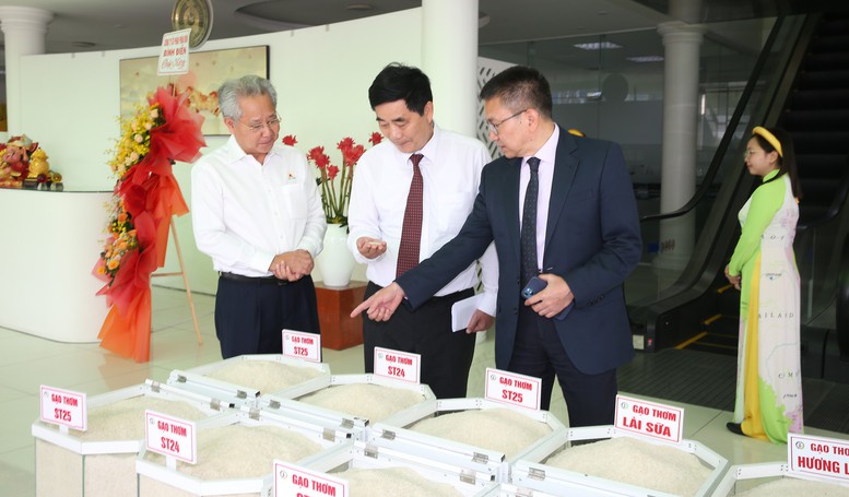 Xuất khẩu 'Gạo Việt xanh, phát thải thấp' đầu tiên sang Nhật Bản 2 Nguyên Bộ trưởng Bộ NN&PTNT Cao Đức Phát, đại diện Ngân hàng Thế giới và Chủ tịch Tập đoàn Lộc Trời Huỳnh Văn Thòn trao đổi về các nhãn hiệu gạo nổi tiếng của Việt Nam - Ảnh: VGP/LS